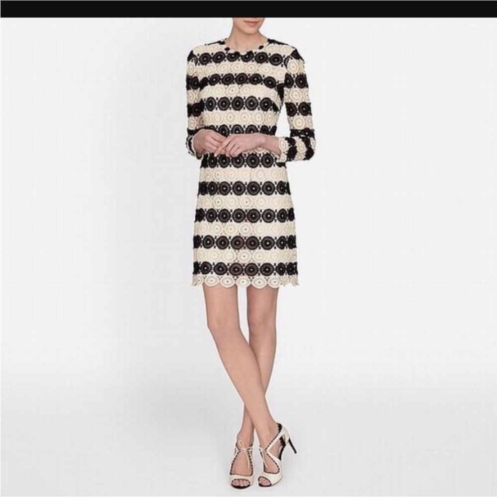 LK Bennett Cream and Black Lace-Overlay Long Sleeve Dress